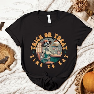 Retro Diner Skeleton Server T-Shirt: Spooky Halloween Costume Tee
