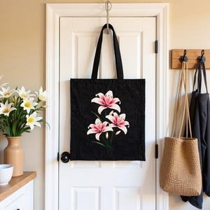 Pink Lily Floral Cotton Canvas Tote Bag: Reusable Eco-Friendly Shopping Bag