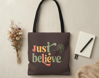 Just Believe Tote Bag Christian Geschenk Frauen Retro Typografie Inspirierendes Design Groovy Positive Botschaft