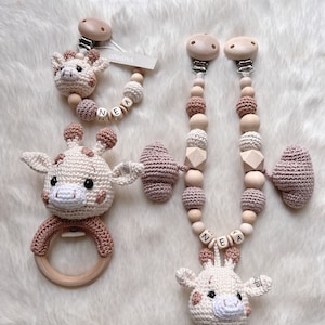 Fopspeenketting, kinderwagenketting, ratelset van 3 "Giraffi Nature"