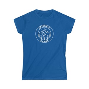 May include: A royal blue women's t-shirt with a white graphic of a mountain range with a sun and the text "CATSKILLS & CHILL" in a circle.