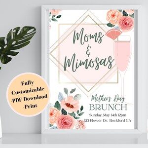 Mother&#39;s Day Brunch Invitation, Spring Floral, Mom&#39;s &  Mimosa&#39;s Brunch Invite, Mothers Day Event Flyer, A4, Canva, PDF Print,Customizable