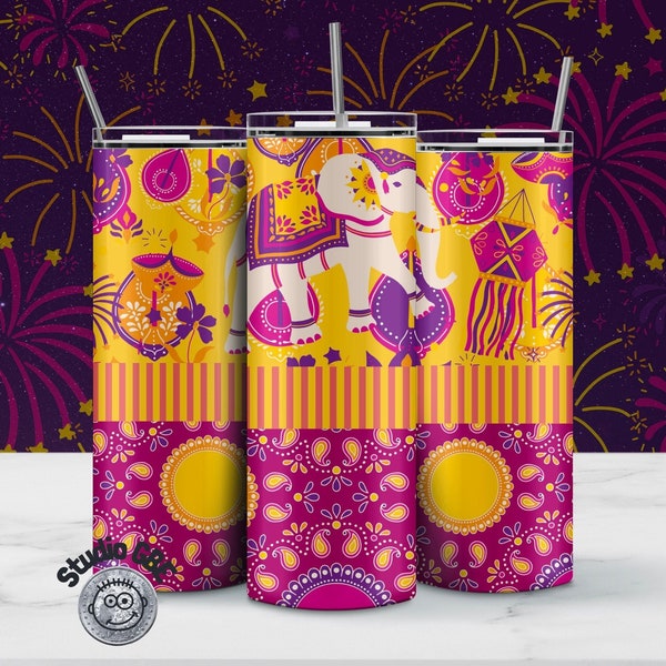 Diwali Tumbler 2 PNG Rich Gorgeous Colours Yellow, Purple Lights 9.2 x 8.3” Straight Skinny Tumbler Wrap Indian Sikh New Year Seamless