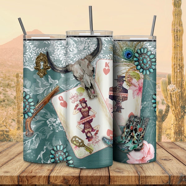 King and Queen of Hearts -Cowboy Cowgirl Boots PNG Watercolour PNG 9.2 x 8.3 Teal 20 oz Straight Skinny Western Tumbler Wrap Turquoise Gems