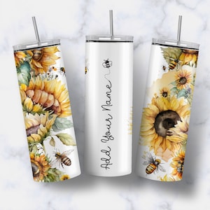 Gobelet personnalisé d'abeilles de tournesol sans couture, ajoutez votre gobelet de nom, police et art d'abeille inclus 20 oz Straight Skinny Sublimation Designs