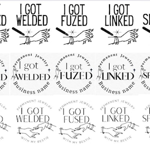 May include: Five black and white logo designs for a jewellery business called "Permanent Jewellery". Each logo features a different design of two hands holding a bracelet, with the text "I got [design]" and "Permanent Jewellery" below. The designs are "Zapped", "Welded", "Fused", "Linked", and "Sparked".