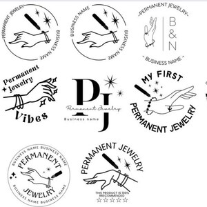 May include: A collection of 10 black and white logo designs for a jewellery business. The logos feature a hand holding a bracelet, a star, and the words "Permanent Jewellery".