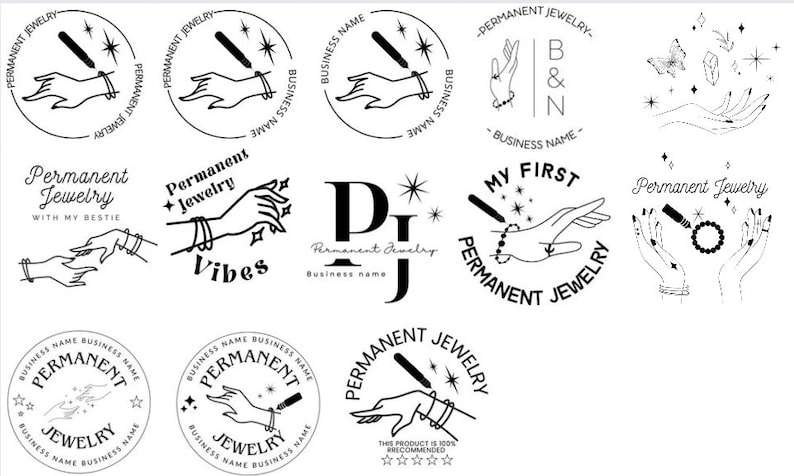 May include: A collection of 10 black and white logo designs for a jewellery business. The logos feature a hand holding a bracelet, a star, and the words "Permanent Jewellery".