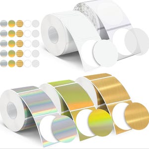May include: Rolls of round, white, gold, and iridescent stickers. The stickers are in various sizes and are ideal for adding a touch of colour and style to your projects.