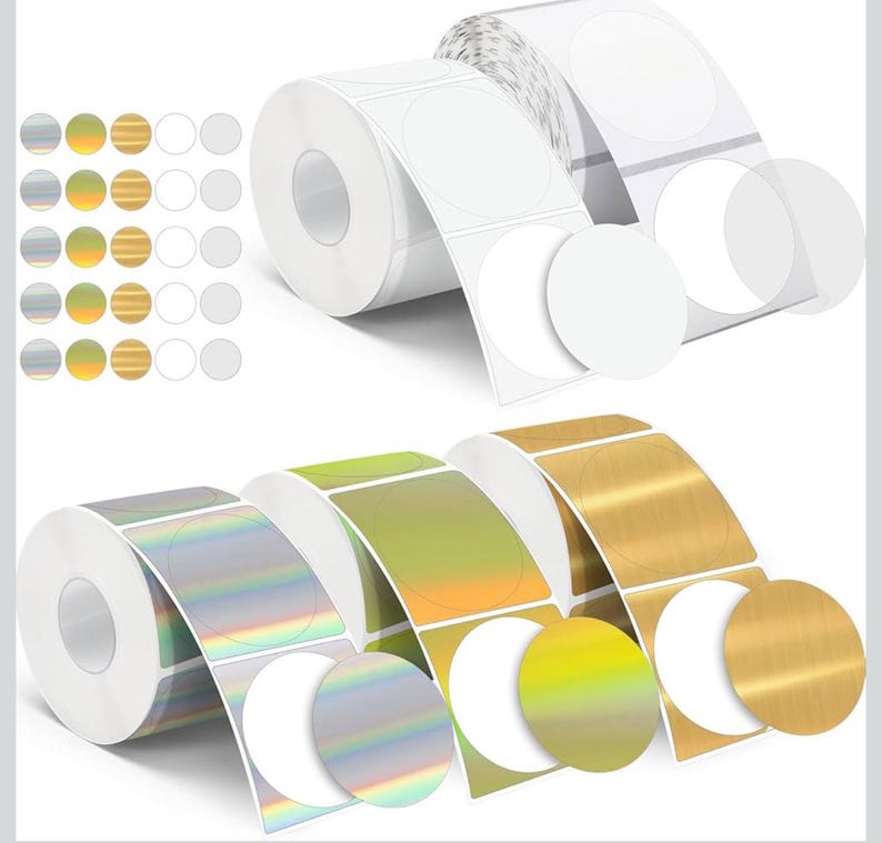 May include: Rolls of round, white, gold, and iridescent stickers. The stickers are in various sizes and are ideal for adding a touch of colour and style to your projects.
