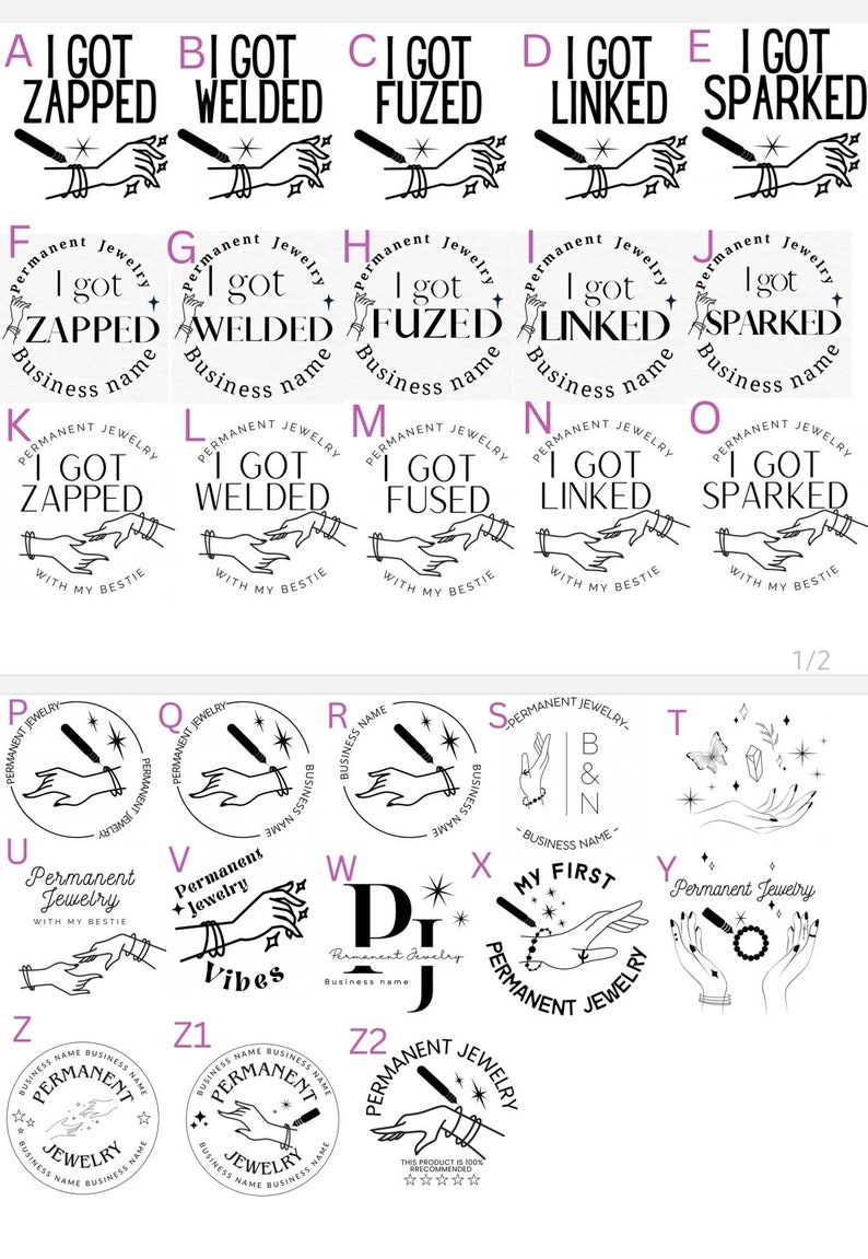 May include: A set of 26 black and white illustrations of hand-drawn jewellery designs. The designs feature hands holding jewellery, stars, and other decorative elements. The text "Permanent Jewellery" appears on several of the designs.