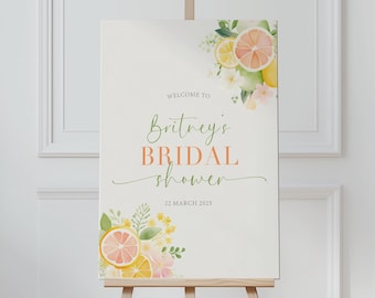 Plantilla de letrero de bienvenida para despedida de soltera con temática cítrica, limón y naranja, para despedida de soltera de primavera, editable en Canva.
