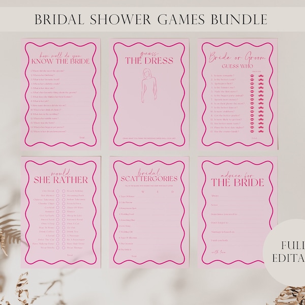 Bridal Shower Games, Pink Wavy Bridal Shower Games Bundle, Bridal Shower Games Download, Fully Editable Bridal Shower Games