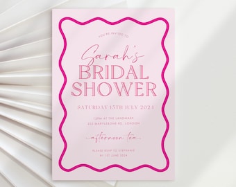 Modern Bridal Shower Invitation Template, Printable Bridal Shower Invite Pink Wavy Border, Instant Digital Download, Pink Wave Border Invite