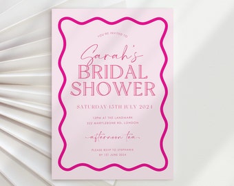 Modern Bridal Shower Invitation Template, Printable Bridal Shower Invite Pink Wavy Border, Instant Digital Download, Pink Wave Border Invite