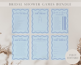 Bridal Shower Games, Blue Wavy Bridal Shower Games Bundle, Bridal Shower Games Download, Fully Editable Bridal Shower Games