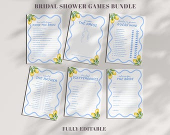 May include: A set of printable bridal shower games with a lemon theme. The games include "How well do you know the bride", "Guess the dress", "Bride & Groom Guess Who", "Would She Rather", "Bridal Scattergories", and "Advice for the Bride".