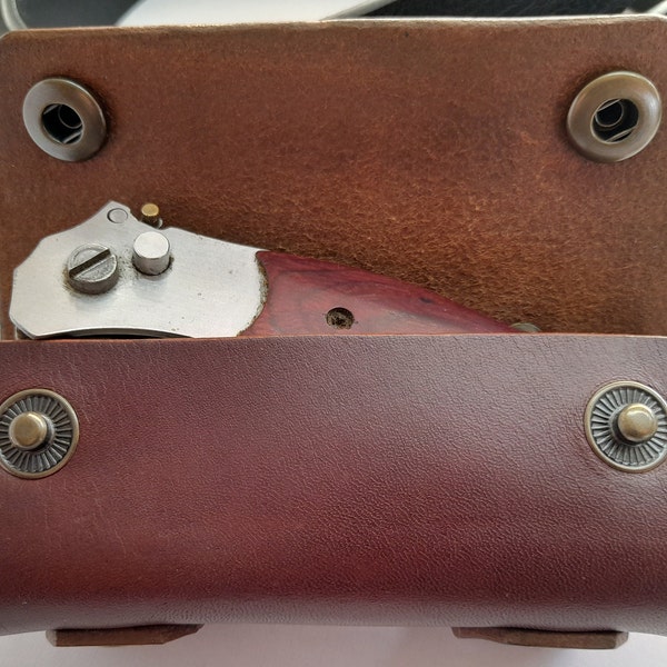 Brown Handmade Leather folding knife case for a belt horizontal (Additional pocket) , Multitool case, knife sheath for belt