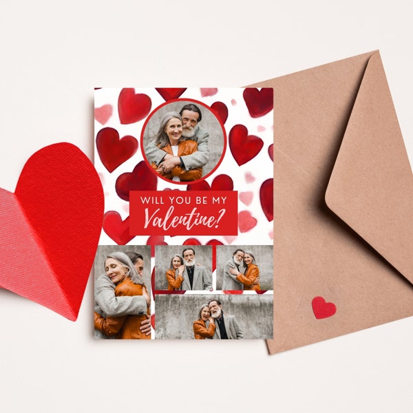 Cute Hearts Valentine Card, Customizable Valentine’s Day Card, Canva Editable, Playful Red and Pink Hearts, Cute and Charming, Photo Card