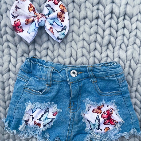 Custom Baby / Toddler Jean Shorts w/ Fabric patches with/ without bow made to order/ READ ITEM DESCRIPTION