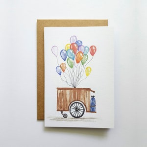 Hand Painted Card, Balloon Birthday Card, Up Birthday Card, Colorful Birthday, Baby Shower Card, Gender Neutral Card, Balloon Cart