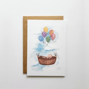 Hand Painted Card, Baby Shower Card, 1st Birthday Card, Baby in Basket, Welcome Baby, Nursery Art, Gender Reveal Card, Baby Angel Card