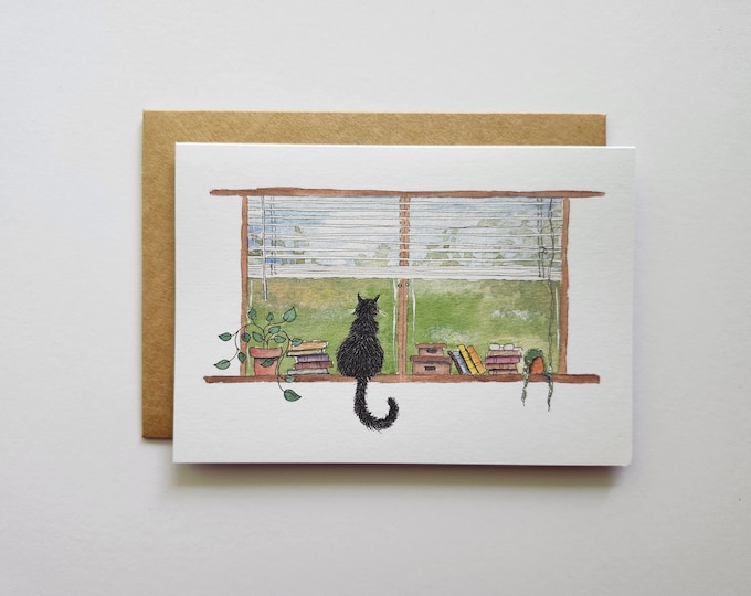 Hand Painted Card, Cat in Window Card, Daydreaming Cat, Cat Lover Card, Thinking of You Card, Miss You Card, Pet Loss Card, Black Cat