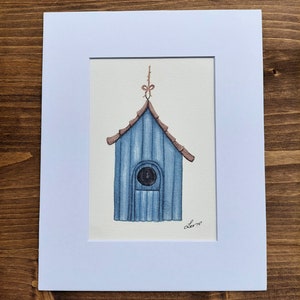 Hand Painted Art, Birdhouse Painting, Blue Birdhouse, Gift for Bird Lover, Garden Art, Watercolor Painting, Gift for Gardener, Bird Watcher
