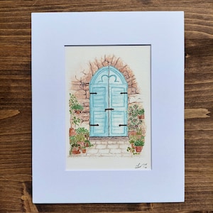 Hand Painted Art, Antique Door Art, Living Room Art, Door with Flowers, Blue Door, Home Office Art, Vintage Door Painting, Italian Painting