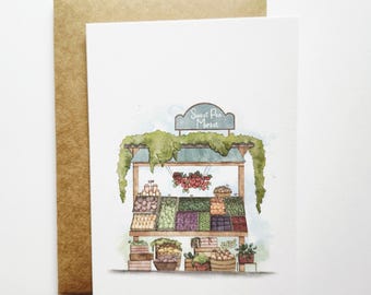 Hand Painted Card, Farmers Market Stall, Autumn Birthday, Fruit Stand Art, Sweet Pea Card, Fruit Vendor, Small Shop Art, Kitchen Decor
