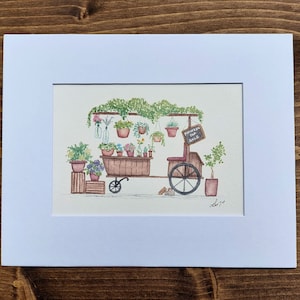 Hand Painted Art, Flower Cart Painting, Flower Market Art, Flower Illustration, Plant Painting, Flower Shop Art, Flower Wagon, Garden Cart