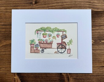 May include: A watercolor painting of a flower cart with a sign that says "Flowers For Sale". The cart is decorated with flowers and plants in pots. The cart is on wheels and has a wooden frame.