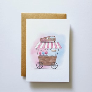 Hand Painted Card, Cotton Candy Cart, Baby Shower Card, Carnival Art, Gender Neutral, Cotton Candy Card, Watercolor Painting, Birthday Card