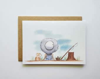 Hand Painted Card, Fishing Art, Boy and Dog, Father's Day, Fisherman Gift