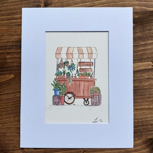 Hand Painted Art, Watercolor Painting, Flower Cart Art, Flower Shop Art, Plant Shop Art, Flower Painting, Botanical Art, Vendor Cart Art