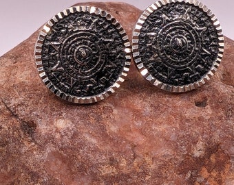 925 Sterling Silver Taxco Mexico, Aztec Calendar Earrings.