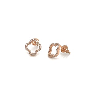 14k Gold 0,26Ct  Diamond Earrings, Real Diamond Earrings, 14K Solid Gold Floral stud earrings, Real Gold Dainty Stud with screw back, Clover
