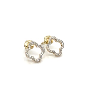 14k Gold 0,26Ct  Diamond Earrings, Real Diamond Earrings, 14K Solid Gold Floral stud earrings, Real Gold Dainty Stud with screw back, Clover