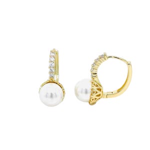 Gold-Plated Pearl and Cubic Zirconia Hoop Earrings, Modern Dangle Earrings, Statement Jewelry, Jewelry Trends
