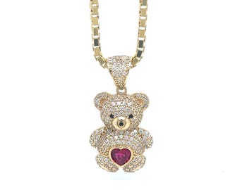 14K Echtgold CZ Teddybär Anhänger mit rotem herzförmigen Cz Stein, 14k Gold Anhänger