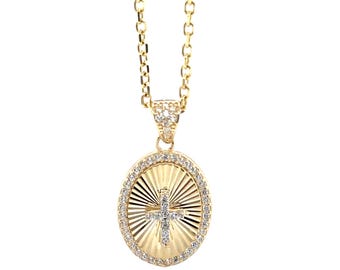 14K Gold Medaillon Kreuz Anhänger: Cubic Zirkonia Christian Schmuck
