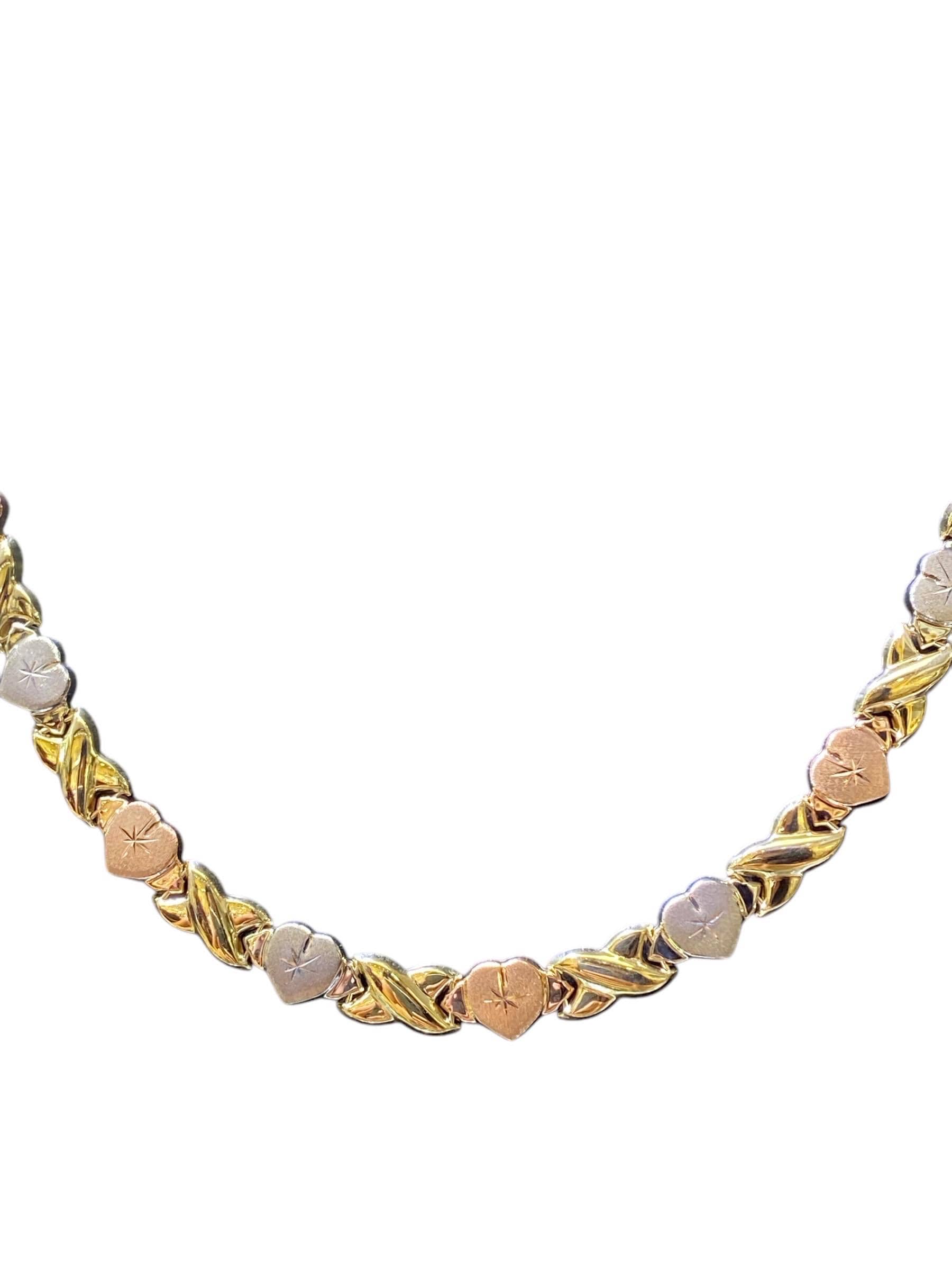 14K Tri-Color Echtgold Frauen Umarmungen und Küsse Stampato Halskette, XOXO Halskette, Umarmungen und Küsse Armband, XoXo Set, Schmuckset