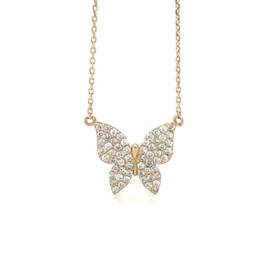 Colar delicado de borboleta dourada, colar minúsculo de borboleta de diamante de ouro maciço 14K, pingente de diamante minimalista, colar de borboleta de diamante 0,75Ct