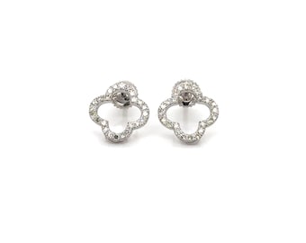 14k White Gold Diamond Clover Stud Earrings: Dainty Floral Design