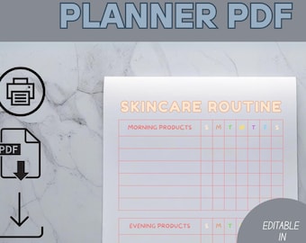 May include: A skincare routine planner PDF with the text "Skincare Routine Planner PDF". The planner includes sections for morning and evening products, with a grid for tracking. The design is light and airy, with a modern aesthetic.
