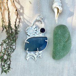Sterling Silver Gem Pendant, Handmade Silver Pendant Necklace, Blue/Gret quartz & Navy Blue Sodalite Gemstone Necklace
