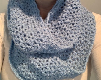Serene Sky: Handcrafted Pale Blue Lacy Infinity Scarf for Elegant Style