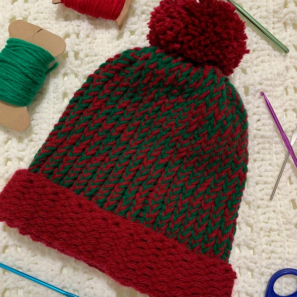 Festive Elegance: Handcrafted Green and Red Crochet Christmas Hat