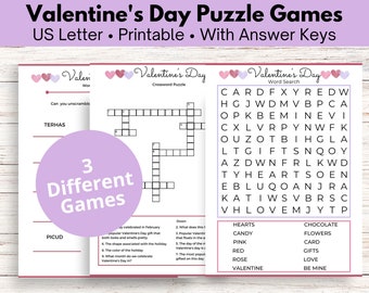 Paquete de juegos de rompecabezas del Día de San Valentín / Búsqueda de palabras, crucigramas y combinación de palabras / Ideal para niños y adultos