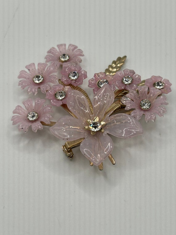 Mid  Century Pink Flower Brooch - image 2
